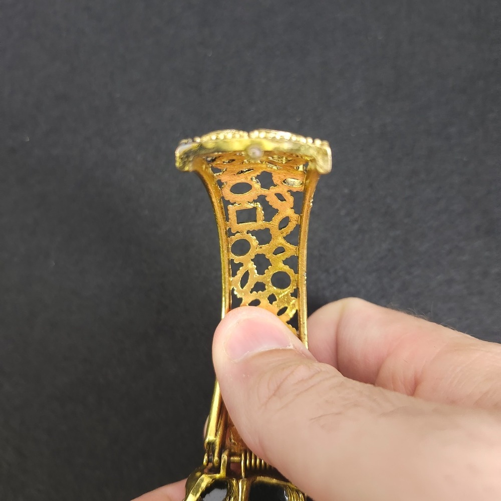 Gold Tone Clamp Bracelet with Teal Turquoise Color Stones Statement Jewelry - Picture 7 of 7